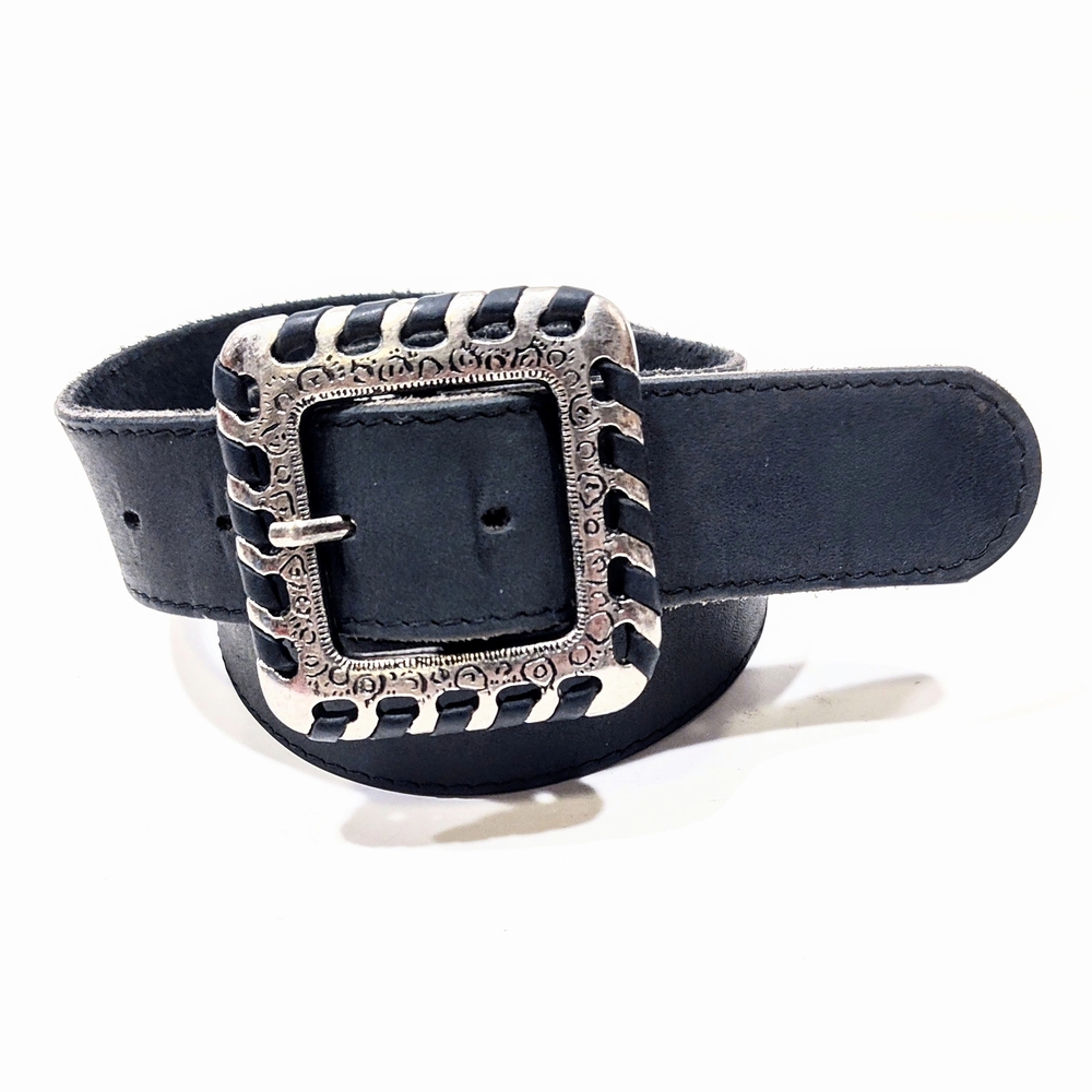 Tylor New York Womens SM Black Leather Belt Silver Tone Decorative Square Buckle